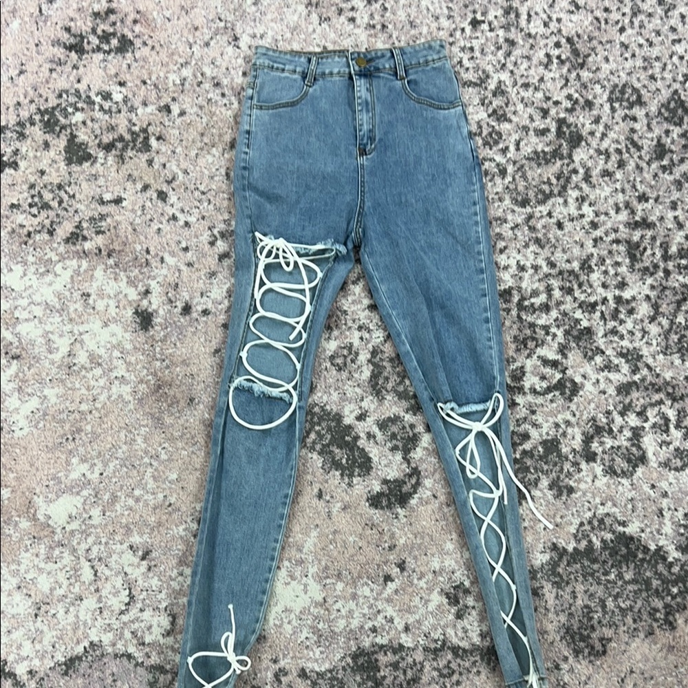 Women's Blue Lace-Up Jeans
